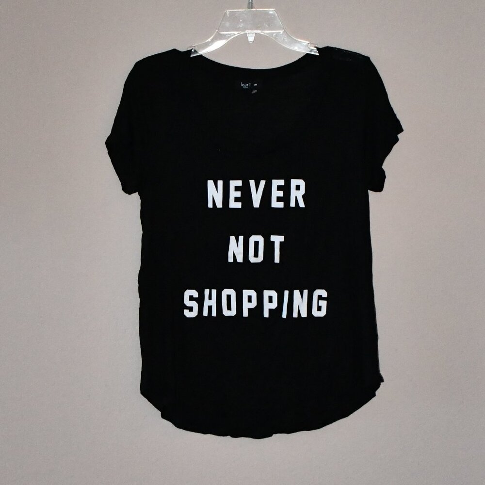 Love J Women's Black Graphic 'Never Not Shopping' SS Tee T Shirt Sz M